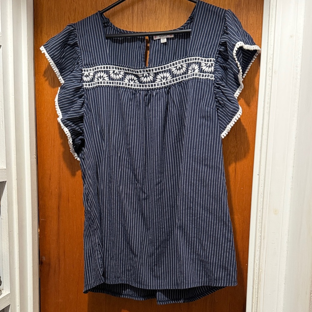Navy and White Striped Blouse with Embroidery